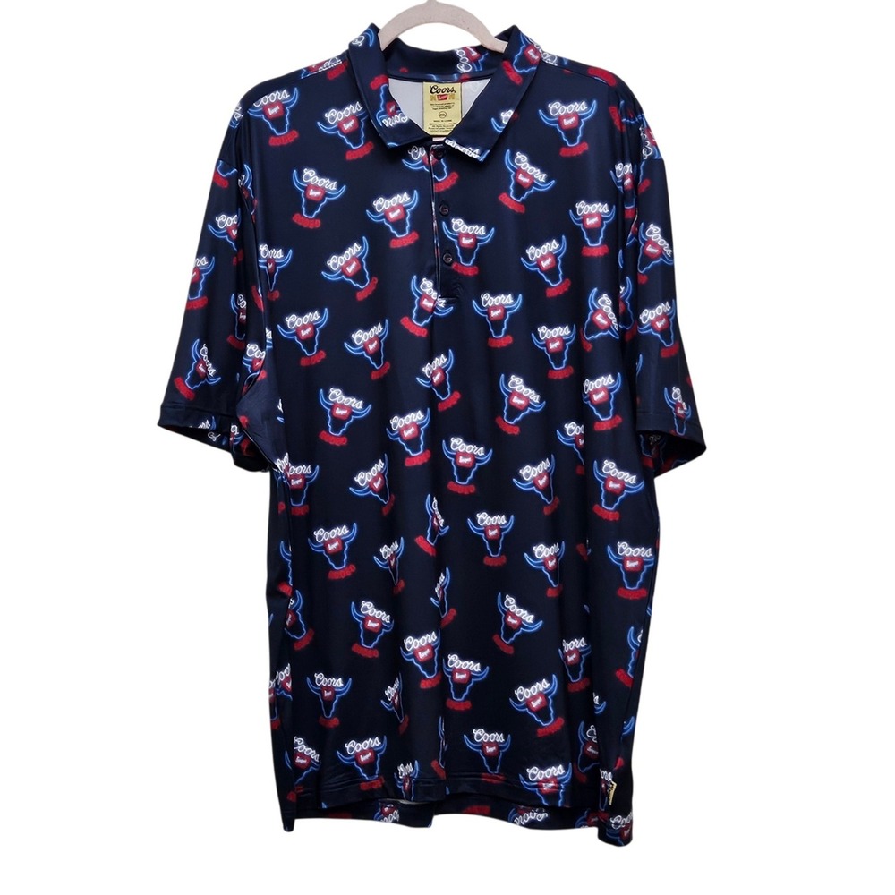 Coors Banquet Polo Shirt Mens 2XL Navy Blue Neon Rodeo Graphic Beer Golf Top